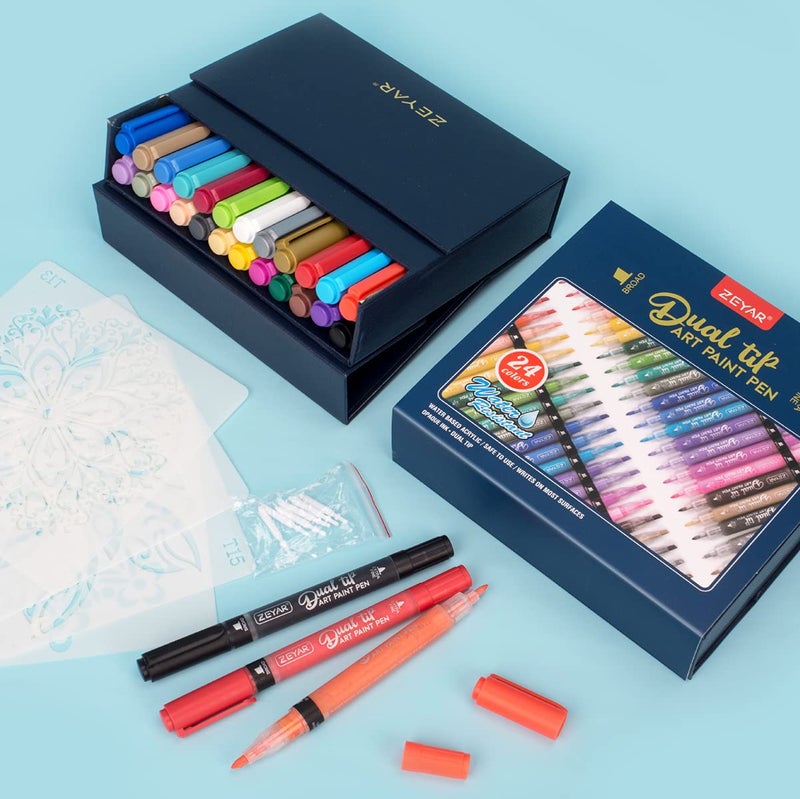 ZEYAR Dual Tip Acrylic Paint Pens 24 Colors, Board and Extra Fine Tips, Patented Product, AP Certified, Waterproof Ink, Works on Rock, Wood, Glass, Metal, Ceramic and More (24 Colors) - Image 1
